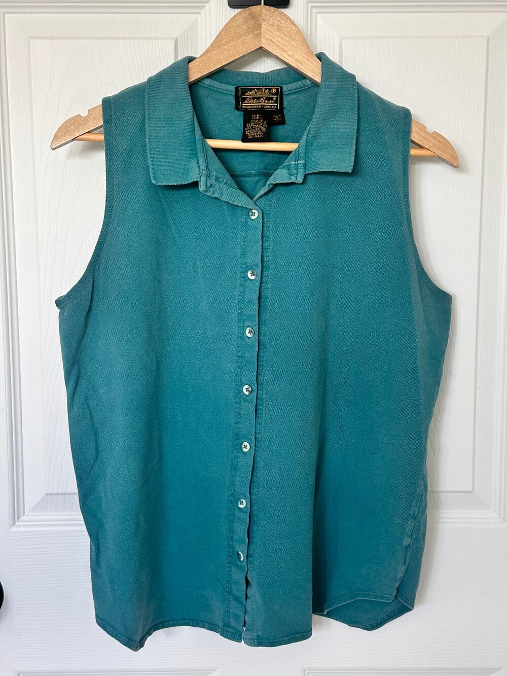 Vintage 90s Eddie Bauer Womens M Teal Sleeveless Polo Button Front Cotton